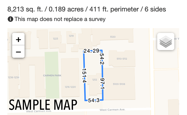 An image showing a map of a sample parcel and its dimensions are labeled.