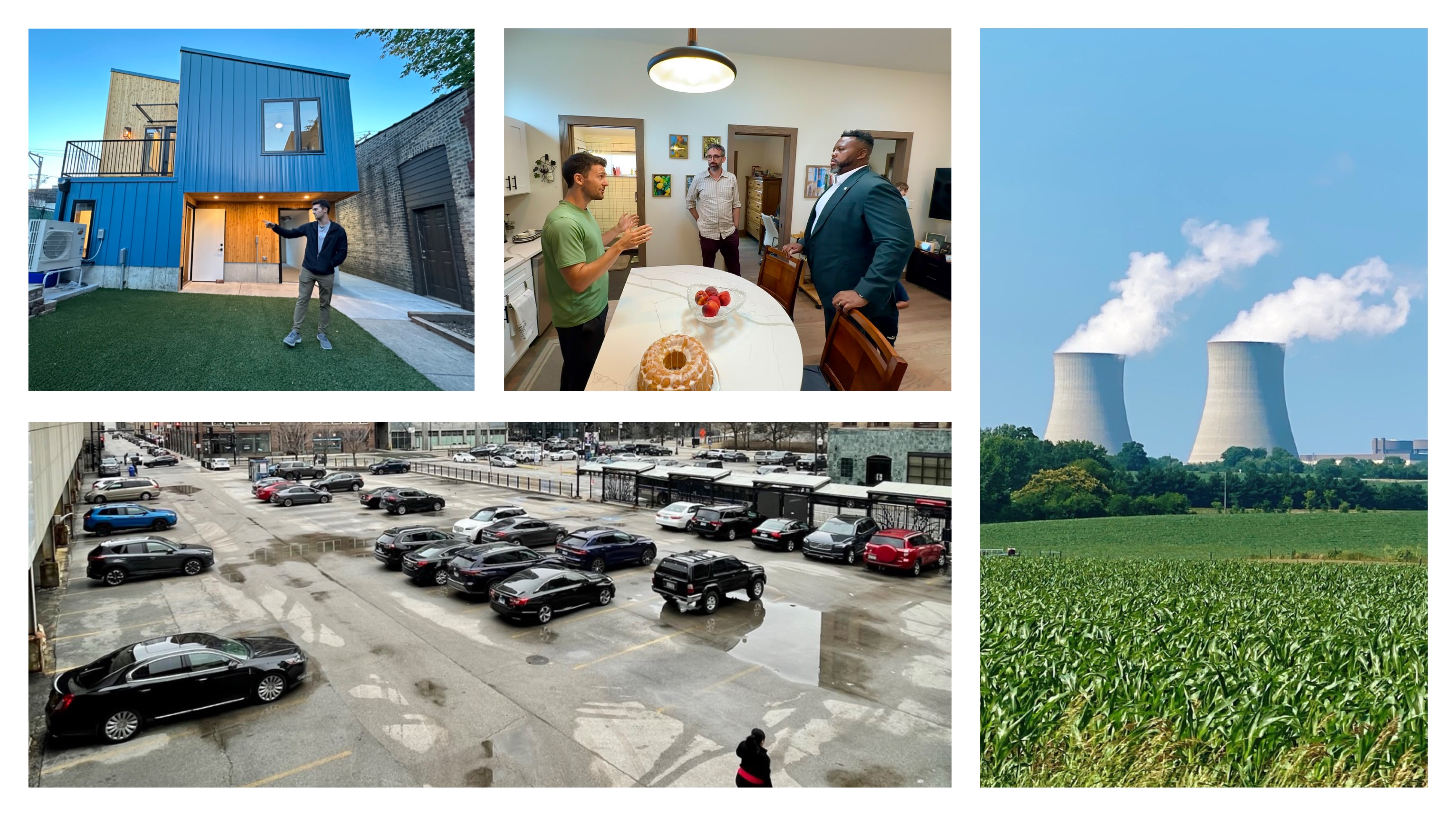 collage of photos related to topics discussed in the blog post, including the Byron nuclear power plant (by Michael McLean), a coach house ADU, and a surface parking lot next to a Metra station