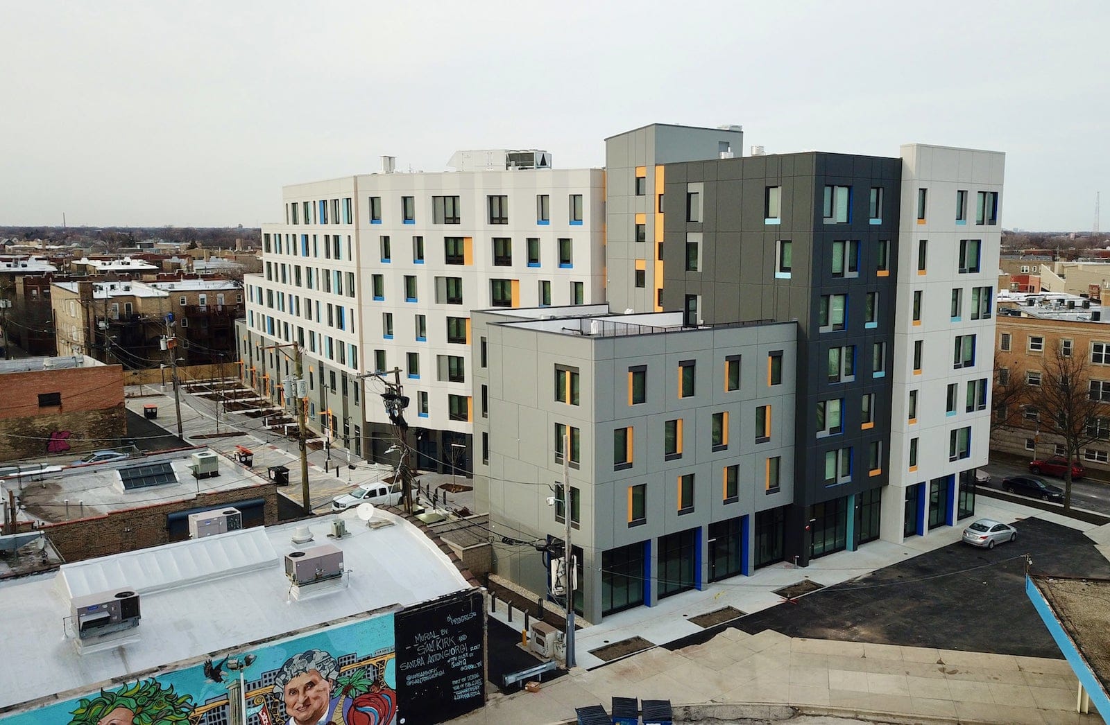 aerial photo of the Lucy Gonzalez Parsons apartments in Logan Square