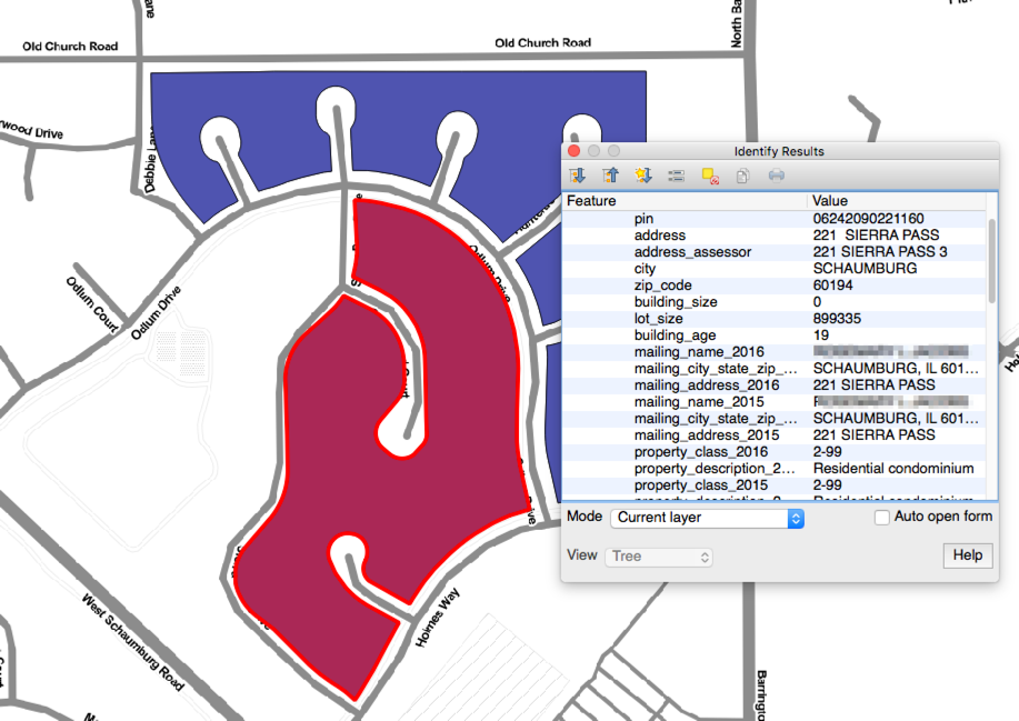 Map of two properties in Cook County and the attributes of one are shown (taken from the sample file)